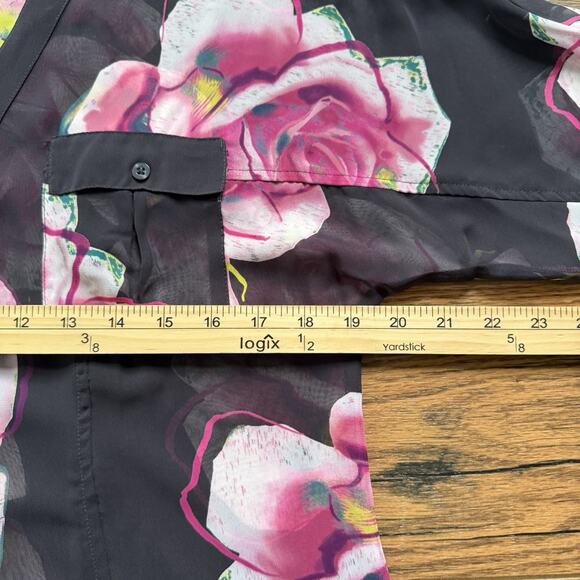 Candie’s Sheer Floral Button Up Blouse Black Pink Rose Print High Low Hem Sz S - Picture 6 of 6